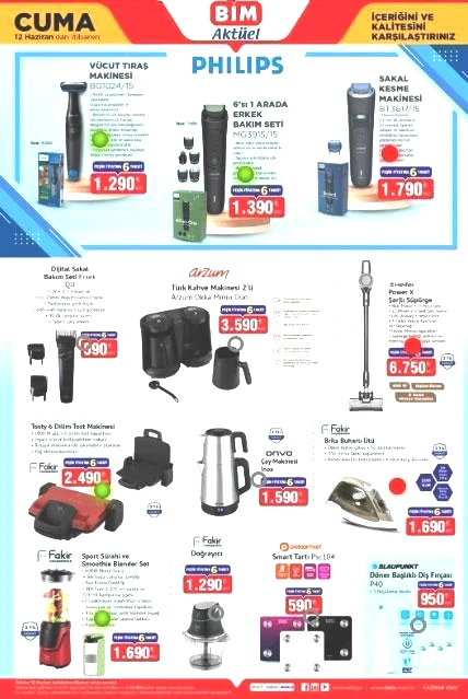 BİM AKTÜEL KATALOĞU: BİMde hangi ürünler indirime giriyor 12 Haziran 2026 Cuma Philips erkek bakım setleri, Arzum Okka Kahve Makinesi, Tekerlekli ışıklı scooter…